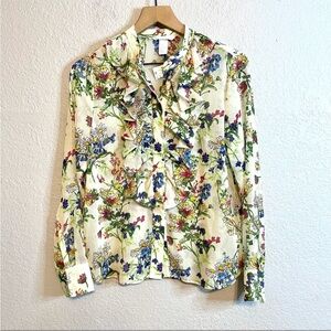 H&M Floral Lightweight Button Down Ruffle Blouse NEW